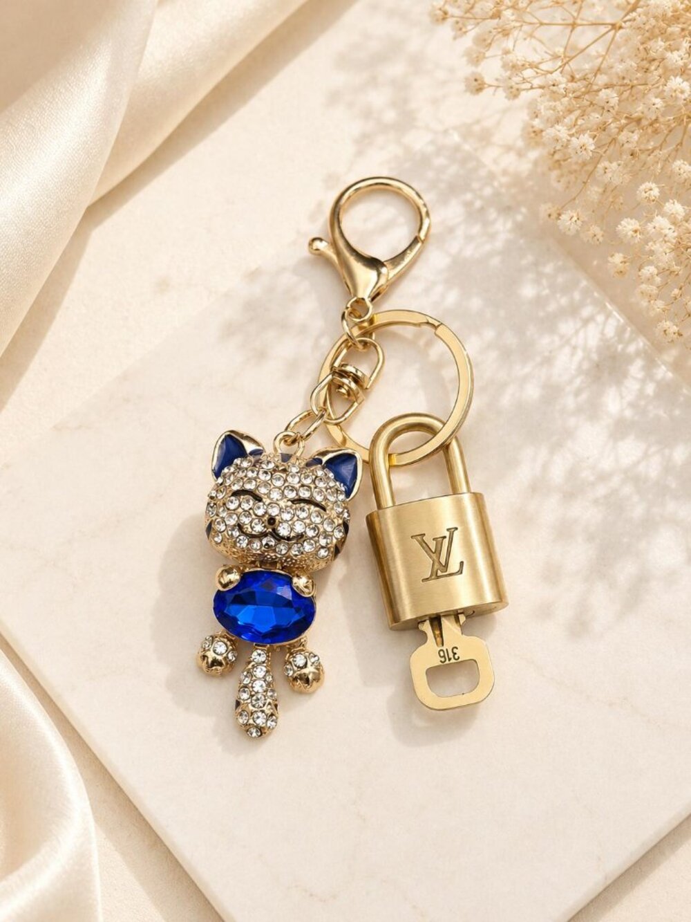 Authentic Louis Vuitton Gold Padlock & Key 🔒LV Bag Unbranded Cat Charm Keychain